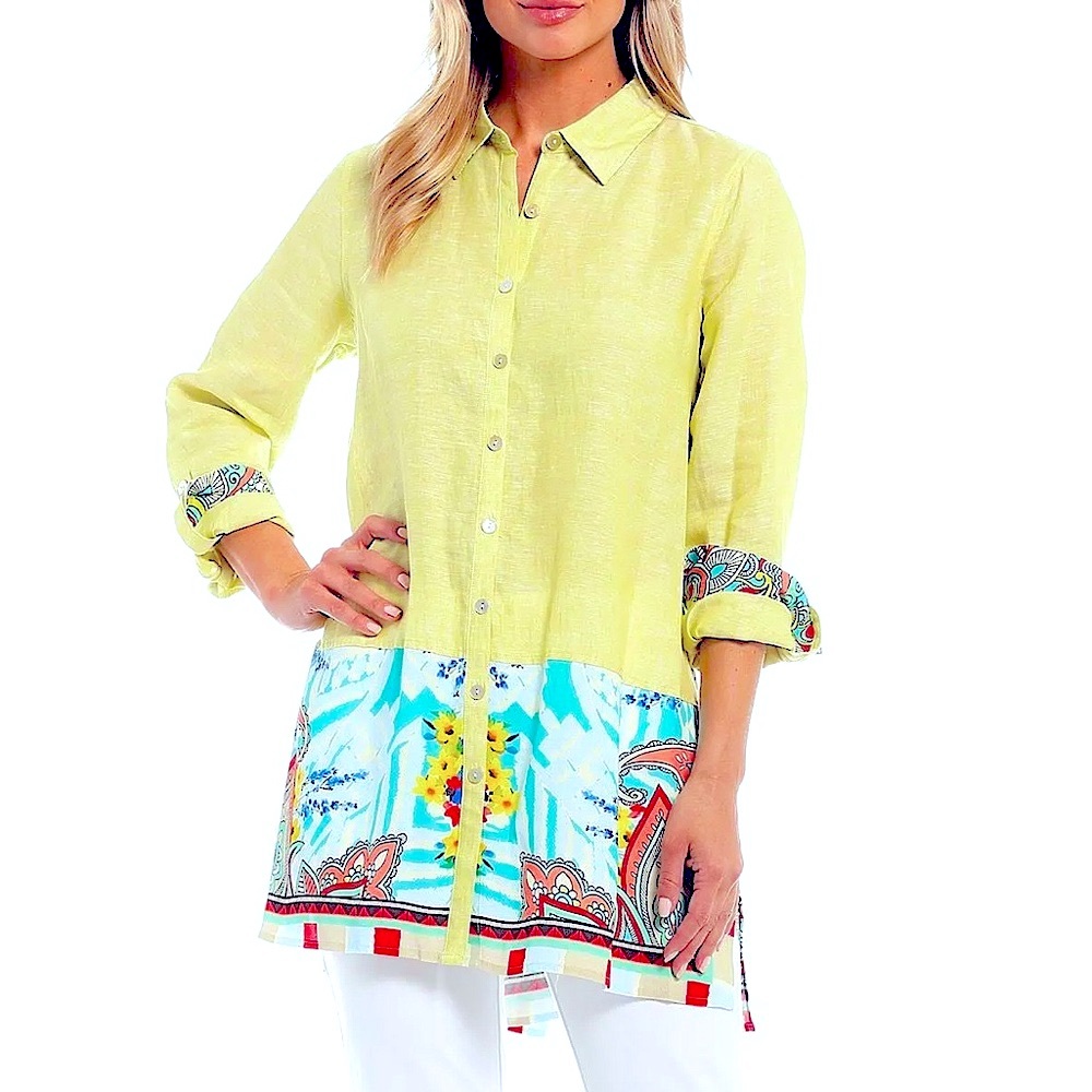 John Mark Lime Green Linen Mixed Print Button Front Tunic Size Medium
